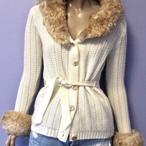Vintage 70s ELAN FAUX FUR COLLAR CUFFS Knit WRAP SWEATER COAT